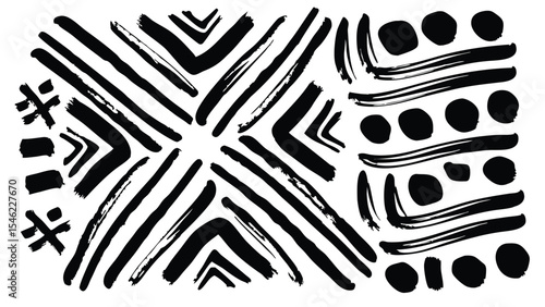 Abstract black and white pattern with lines v shapes circles and brush strokes creating a tribal design look