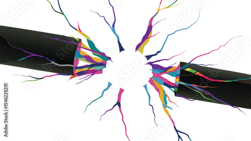 Abstract design featuring colorful tendrils emanating from a central white space with black elements on edges