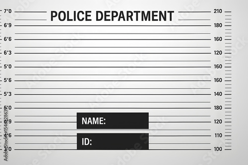 Police department mugshot template background with height measurement chart, criminal arrest board for suspect identification, blank name and ID section, jail booking board mockup, legal system concep
