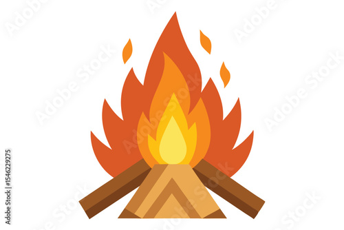 Campfire with Burning Flames Icon Warm Fire Illustration with Brown Logs on White Background