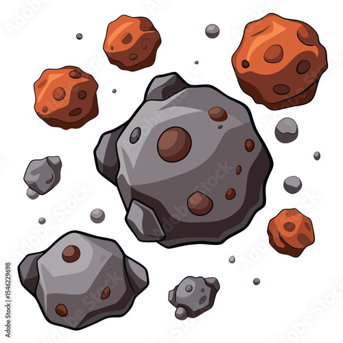 Cartoon Asteroids and Space Rocks Floating on Clean White Background Composition