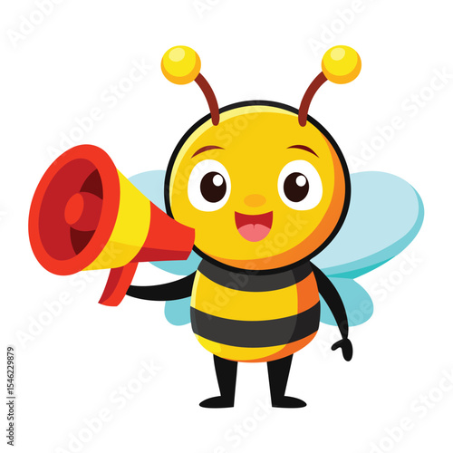 Cartoon Bee Character Holding Megaphone, Stripped Body, Light Blue Wings and White Background