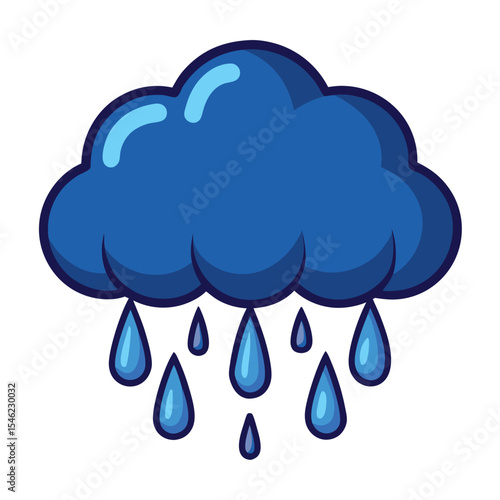 Cartoon Blue Raincloud with Raindrops, Isolated on White Weather Illustration Graphic