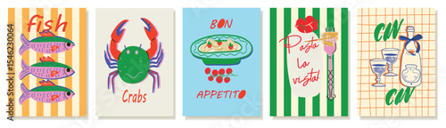 Summer Mediterranean food poster set with tomatoes, seafood, pasta and cocktails. Trendy vector collection with fresh dishes, hand lettering and coastal vibes. For ads, branding, menu, packaging and s