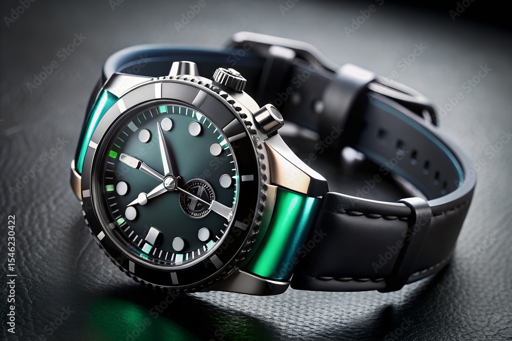 Elegant Men's Diver Watch with Green Dial and Black Leather Strap Elegant Men's Diver Watch with Green Dial and Black Leather Strap