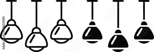 Minimalist Line Art Icon of Three Hanging Pendant Lamps in Black and White Flat Design