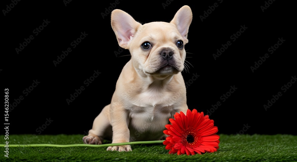 Fototapeta premium French bulldog, Puppy, Dog, Adorable French Bulldog Puppy with Red Gerbera Daisy