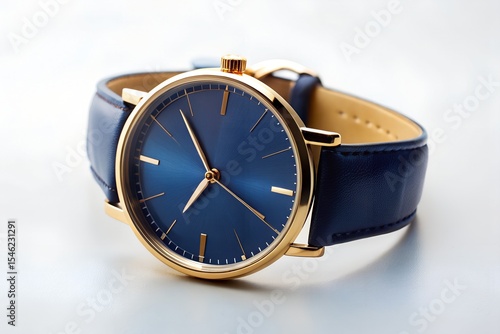 Elegant gold and navy blue wristwatch on white background, classic timepiece