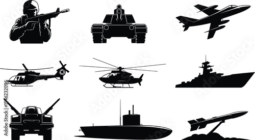 Silhouette of Military Arsenal: Comprehensive Set of Land, Sea, and Air Warfare Equipment