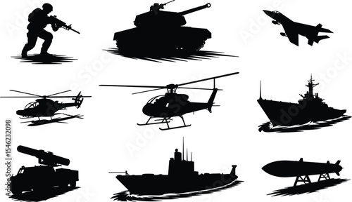 Silhouette of Military Arsenal: Comprehensive Set of Land, Sea, and Air Warfare Equipment