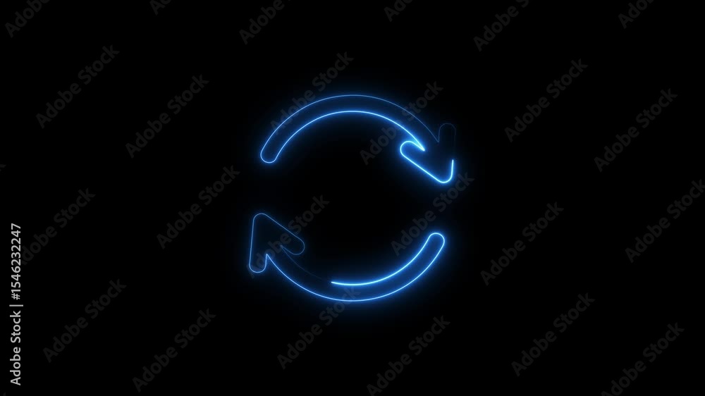 Animated glowing blue neon arrows rotating in a circle on a dark black ...