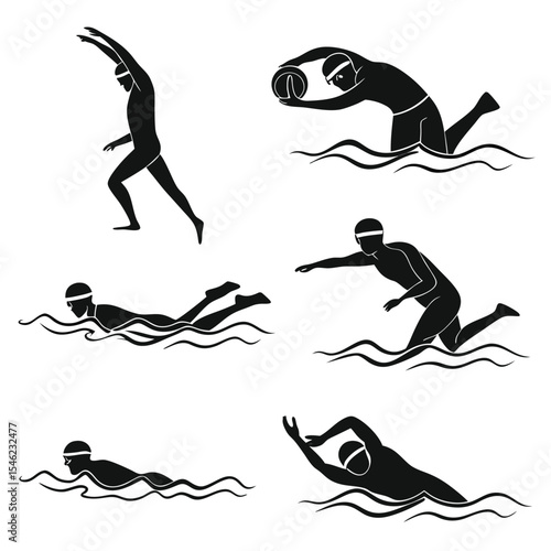 Black Silhouettes Swimmers Water Polo Diving Strokes
