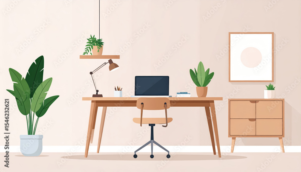 Fototapeta premium Minimalistic desk setup with plants, clean background, and aesthetic decor for cozy workspace