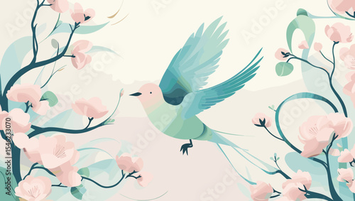 Elegant bird flying among pastel-colored flowers and branches