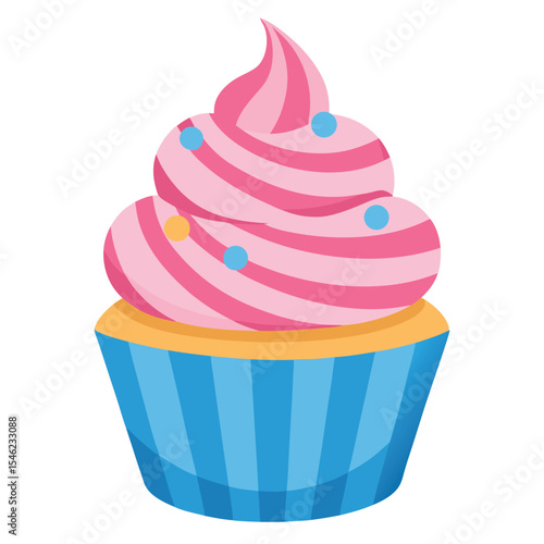 Cartoon Pink Striped Cupcake with Sprinkles in Blue Striped Wrapper Illustration