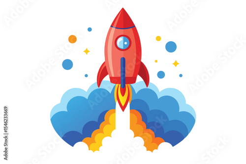 Cartoon Rocket Launch with Blue Clouds, Yellow Flame, and Space Ornaments Design