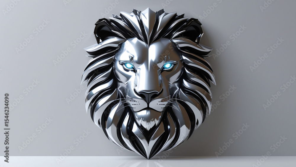 Silver lion head metallic sculpture with glowing eyes art decoration animal predator mammal feline design Silver lion head metallic sculpture with glowing eyes art decoration animal predator mammal feline design