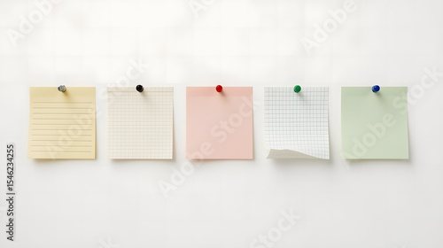 Pinned Notes Array: An array of five colorful notes are pinned to a surface, each offering a blank slate for ideas, reminders, or creative expression.