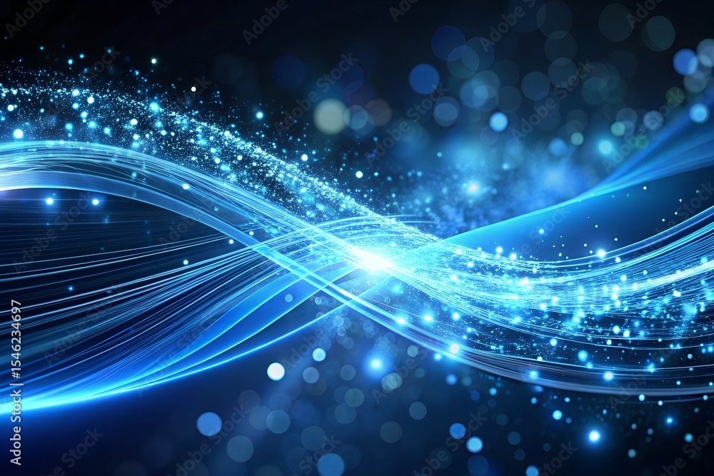 Obraz premium Abstract blue glowing wave with sparkling particles, dark background, digital art, technology concept, energy flow, futuristic design, elegant style, modern