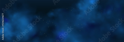 Luxury navy blue night sky background with golden stars, magical glitter, and bokeh sparkle. Abstract dark frame for holiday or wedding cards. 