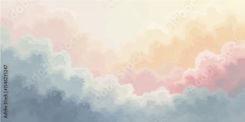 Abstract watercolor sky with fluffy white cumulus clouds, bathed in bright sunlight, creating a beautiful blue summer cloudscape
