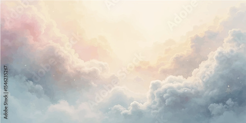 Blue summer sky with bright, fluffy cumulus clouds