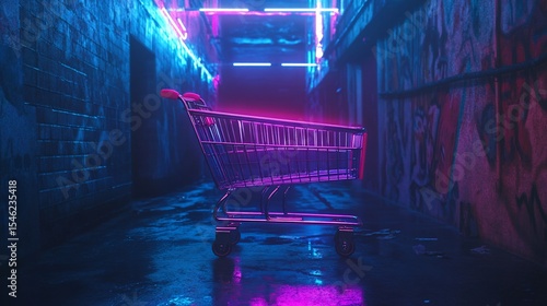 A neon-lit shopping cart in a dark alleyway creating a futuristic vibe