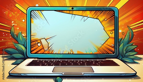 the laptop is open and the screen is blank comic book style
