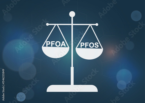 PFOA PFOS Chemical Balance Scale Concept. Balance scale weighing PFOA and PFOS chemicals representing environmental regulation, health risks, and toxic substance comparison. PFAS. Vector illustration