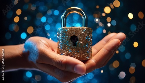 a close up of a hand holding a lock encrusted with digital glitters symbolizing security in the digital age with an emphasis on cyber protection and technology
