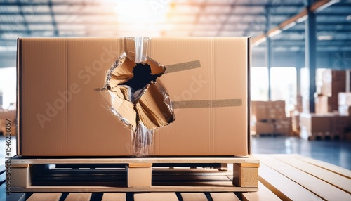 damaged cardboard box on pallet warehouse torn box with a visible hole shows product damage broken goods logistic delivery issues packaging failure insurance claim concept