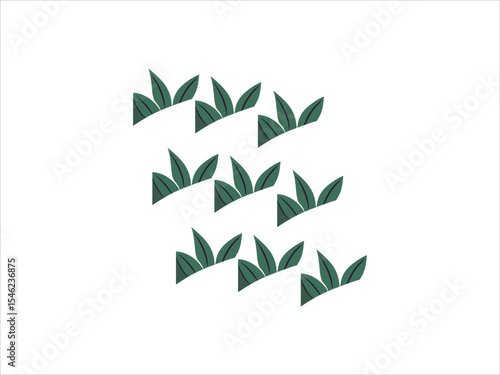 Abstract Green Leaf Pattern V E C T O R Nine stylized teal leaves arranged in a repeating pattern on white background simple minimalist design botanical illustration