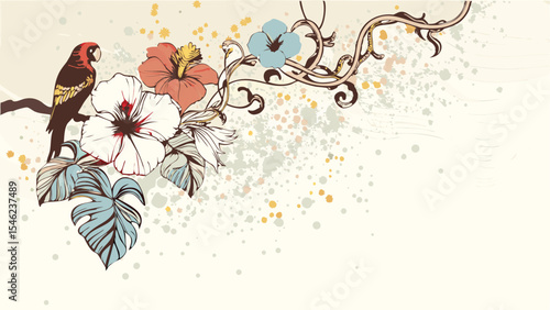 A parrot on a branch with hibiscus flowers and decorative swirls against a cream colored background artful design