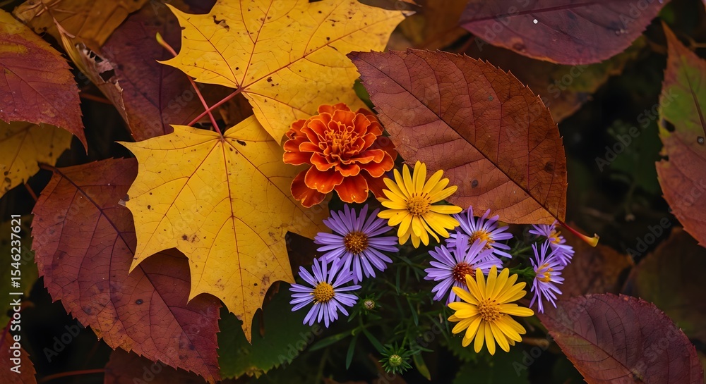 Obraz premium Autumn, Fall, Flowers, Autumn Flowers and Leaves