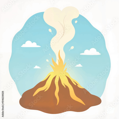 Colorful erupting volcano illustration with steam and clouds, natural phenomena