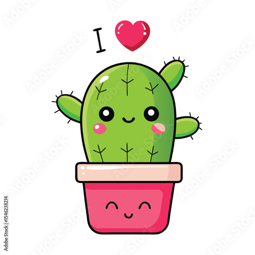 Cute Cartoon Cactus in Pot with Heart, Valentine's Day Illustration
