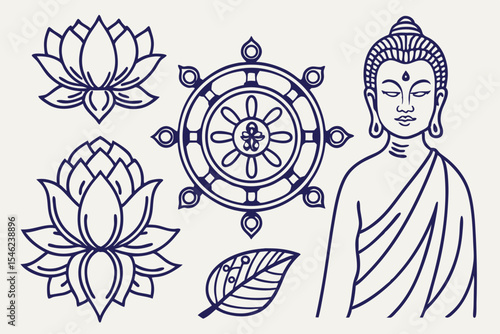 Buddha lotus flower and dharma wheel isolated on white background
