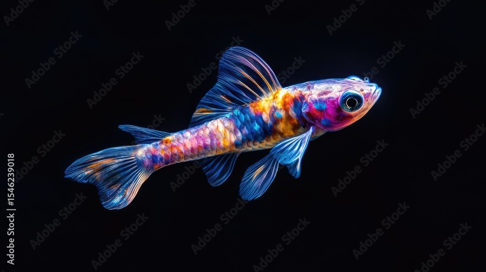 Photograph of a A colorful magical alien fish floating under the water, Photograph of a A colorful magical alien fish floating under the water,