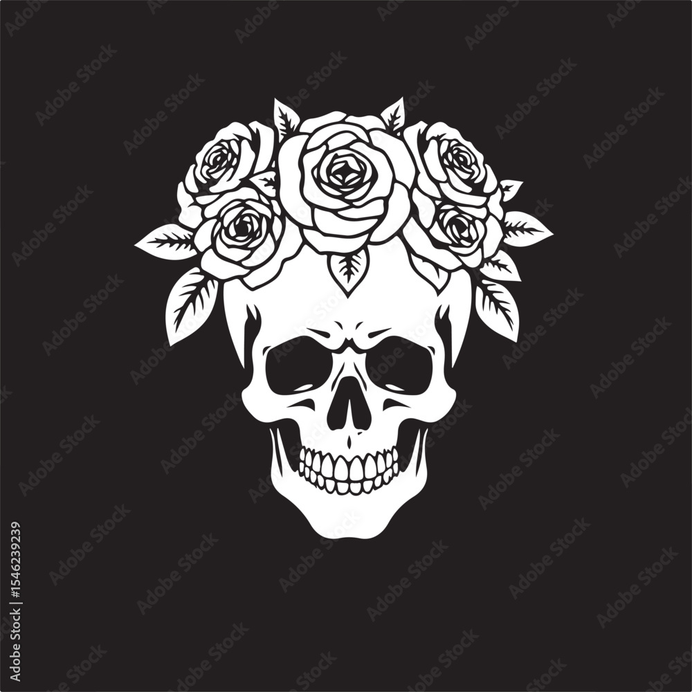 Fototapeta premium A modern flat design, classic black and white vector illustration. A human skull silhouette is crowned with roses and leaves. Bold tattoo-style line art, no shading, frontal composition, minimal back