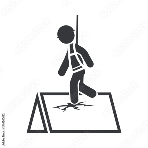 Isolated pictogram warning of fragile roof surface, cautioning workers to use body harness protection on thin and breakable areas