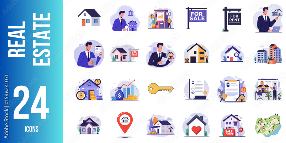 Fototapeta premium Real estate icons illustrating various property-related concepts 