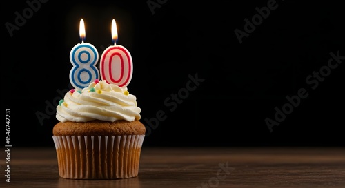Cupcake, Birthday, Candles, Eighty Birthday Cupcake with Burning Candles