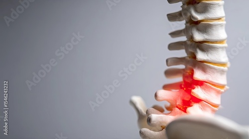 Lower spine model highlighting pain and inflammation in the lumbar vertebrae, depicting backache, medical injury or spinal disorder in anatomical context