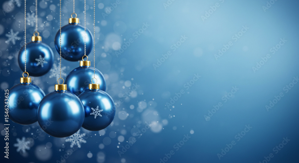 An elegant holiday-themed image featuring six glossy blue Christmas ornaments hanging from thin strings in the foreground, complemented by delicate snowflake decorations. The ornaments have golden cap An elegant holiday-themed image featuring six glossy blue Christmas ornaments hanging from thin strings in the foreground, complemented by delicate snowflake decorations. The ornaments have golden cap