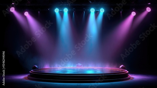 Empty round stage with colorful spotlight beams in dark auditorium, symbolizing performance, anticipation, entertainment and creative presentation in event production.