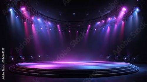 Empty round stage with colorful spotlight beams in dark auditorium, symbolizing performance, anticipation, entertainment and creative presentation in event production.