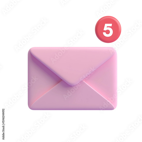 3D Of Pink Envelope Icon with Five New Messages on Transparent Background