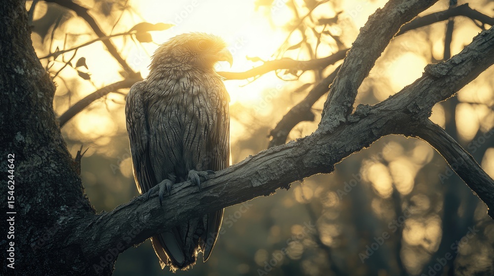 Fototapeta premium Great potoo perched motionless on a sun-exposed tree branch, its entire body mimicking broken bark patterns in full view 