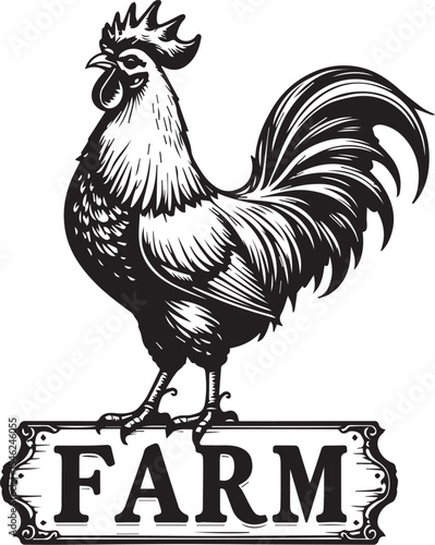 Farm Rooster Emblem: A detailed black and white emblem of a proud rooster perched atop a sign, exuding rustic charm and representing agricultural roots, embodying a symbol of the farm.