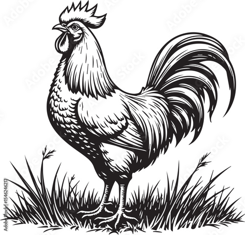 Rooster in Monochrome: An artful monochrome illustration of a proud rooster, standing tall amidst a grassy foreground. The scene evokes a sense of rustic charm and timeless simplicity.